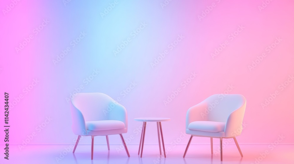 Obraz premium Modern Minimalist Interior with Two Chairs and Table in Pastel Lighting