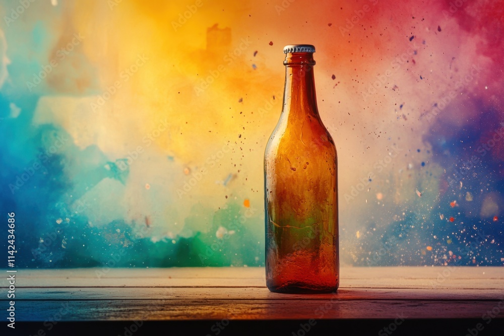 Amber Bottle Stands Against Colorful Exploding Background Amber Bottle Stands Against Colorful Exploding Background