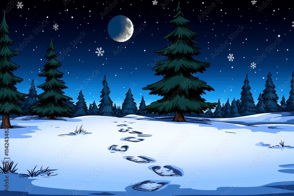 Naklejka premium A pixel art scene of footprints forming a trail through a snowy landscape, with animated snowflakes falling softly in a retro game style