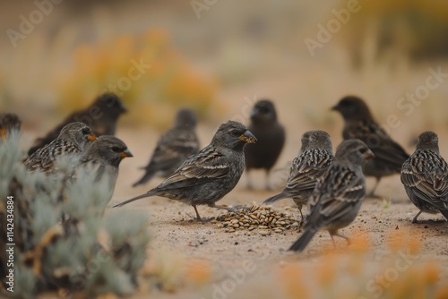 Darwin's Finches Feeding: A group of Darwin's finches pecking at seeds photo