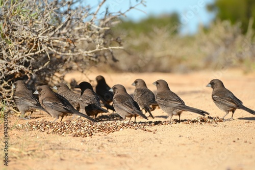 Darwin's Finches Feeding: A group of Darwin's finches pecking at seeds photo