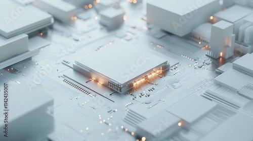 CPU connection with motherboard. AI accelerated microchip connecting with white PCB. Chip activates circuit board. Semiconductor metle surface. Technology and cpu processing concept, 3D Render.