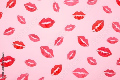 Pattern of red lipstick kisses on pink background