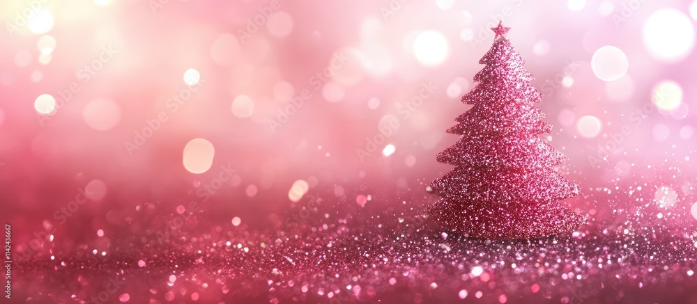 Illuminated Christmas tree on a sparkling pink backdrop creating a festive holiday ambiance for Christmas and New Year celebrations Illuminated Christmas tree on a sparkling pink backdrop creating a festive holiday ambiance for Christmas and New Year celebrations