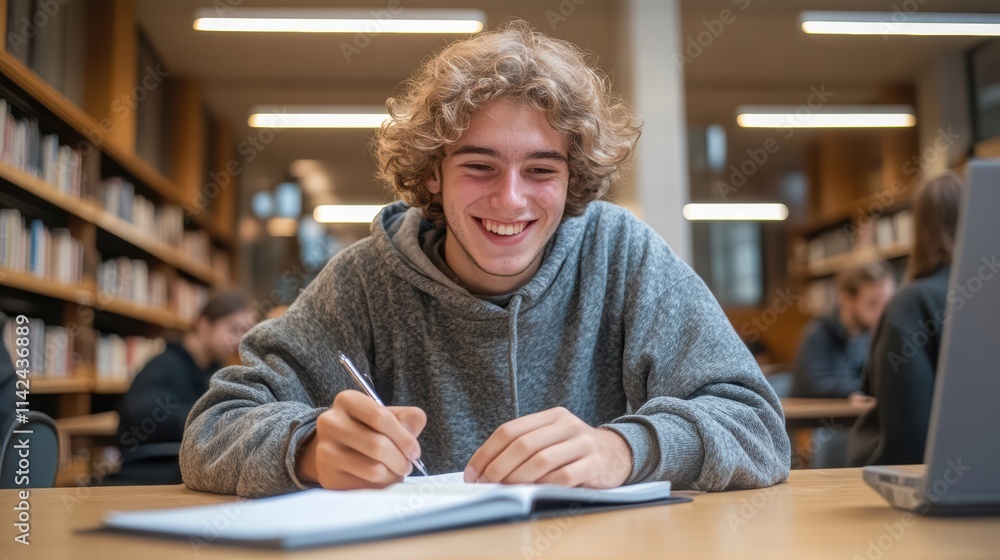 A young man is sitting at a table in a library, smiling A young man is sitting at a table in a library, smiling