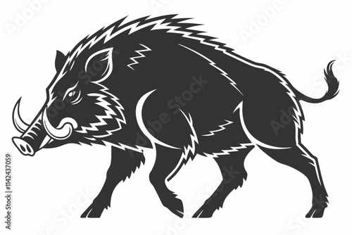 Wild Boar, A muscular pig with tusks and a rugged posture vector silhouette on a white background