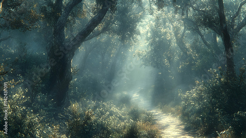 Misty Forest Path Sunlight through trees, serene woodland trail, background foliage, ideal for fantasy, game, or book cover.