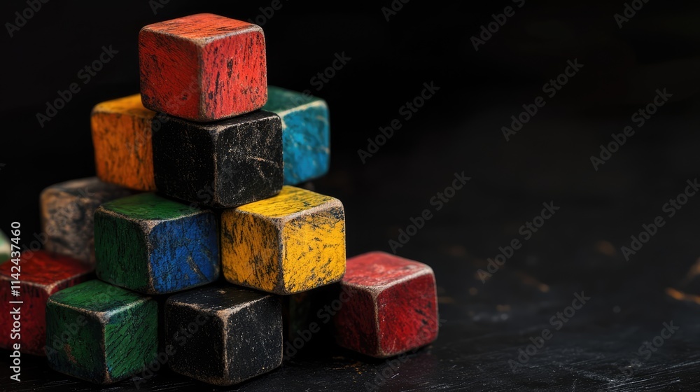 Seasonal calendar cubes stacked on a black background showcasing colorful wooden blocks representing the months of the year. Seasonal calendar cubes stacked on a black background showcasing colorful wooden blocks representing the months of the year.