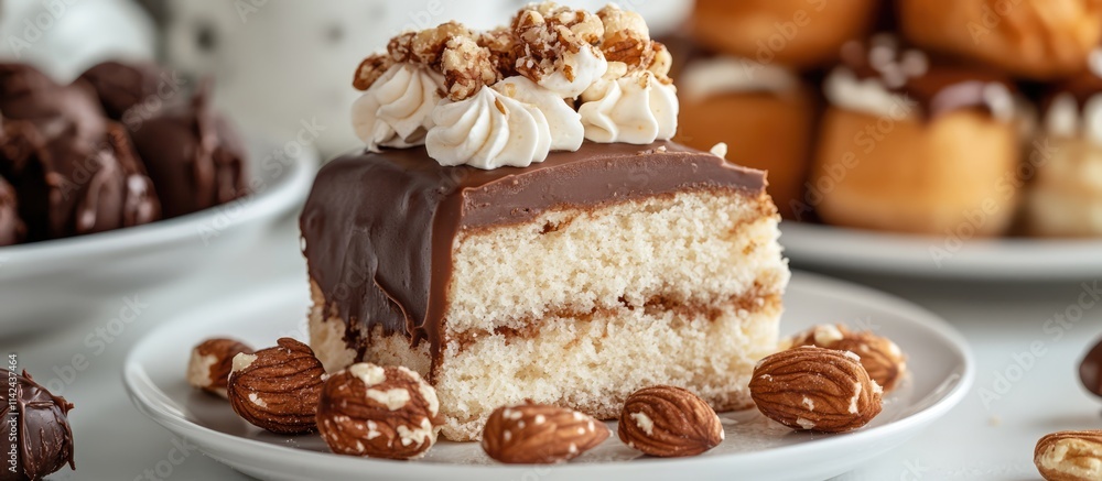 Chocolate covered nuts and a decadent nut cake slice with buttercream displayed on a white plate showcasing indulgent dessert options Chocolate covered nuts and a decadent nut cake slice with buttercream displayed on a white plate showcasing indulgent dessert options