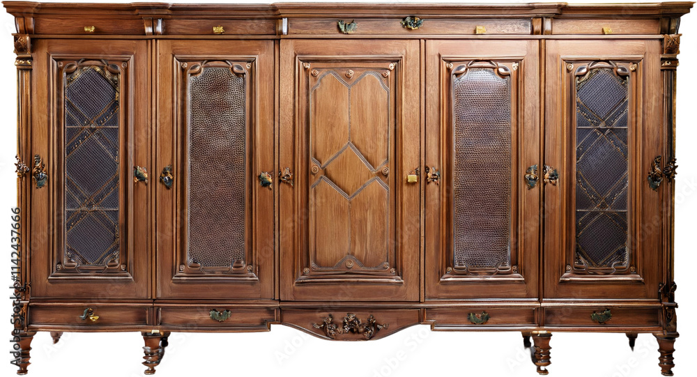 Fototapeta premium Antique Wooden Cabinet Intricate Carving Glass Doors Vintage Furniture Home Decor
