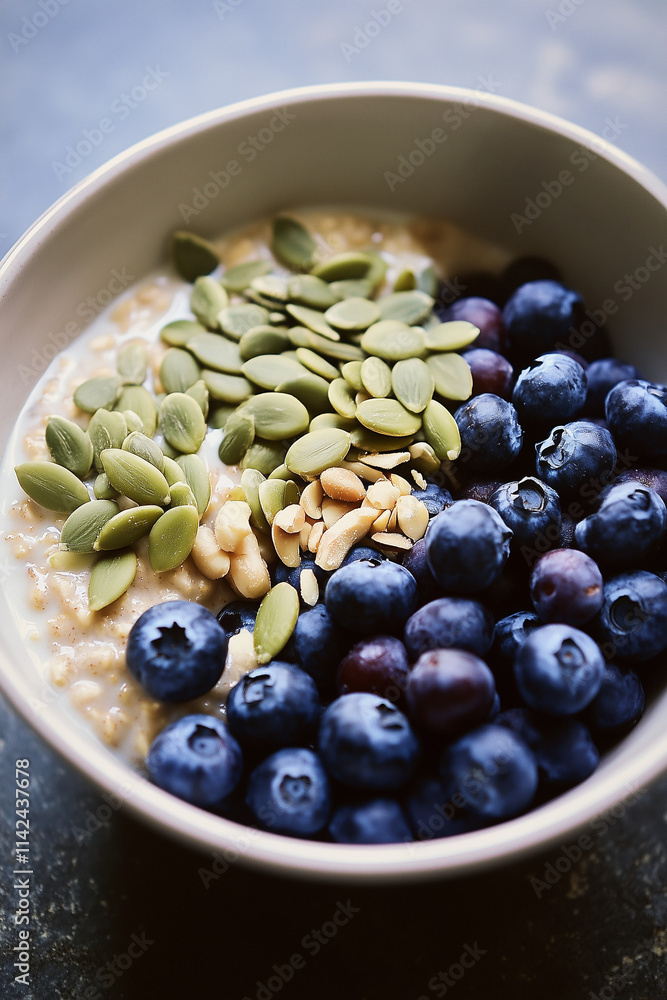 Oatmeal Bowl with Blueberries, Peanut Butter, Pumpkin Seeds, and Almond Milk