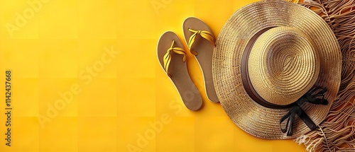 A pair of shoes and a beach cap on a vivid yellow backdrop, to copy space text, Generative Ai. photo