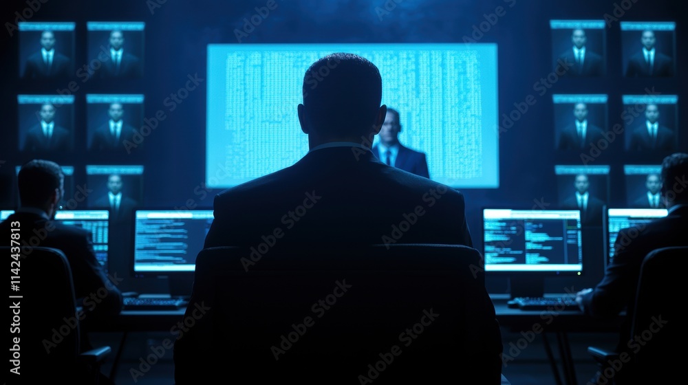 Professional Team Analyzing Data in Dimly Lit Control Room Professional Team Analyzing Data in Dimly Lit Control Room