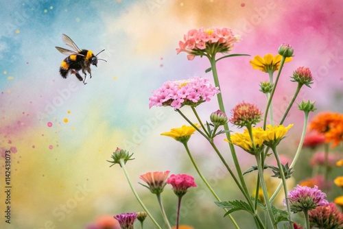 Watercolor background bumblebee over flowers bright picture