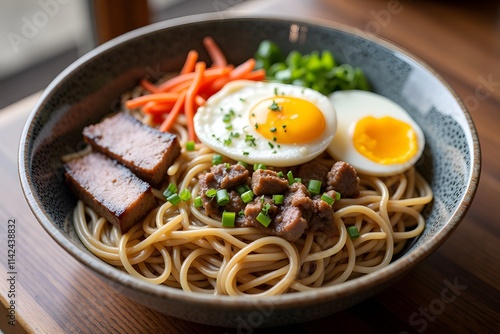 Asian fusion bowl with spaghetti, grilled tofu, egg, and vegetables,naengmyeon