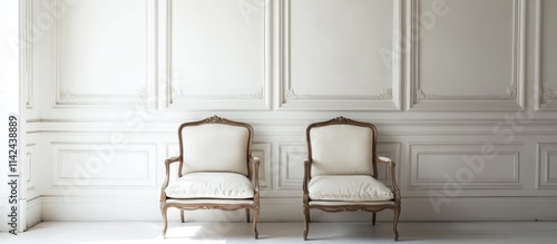 Vintage chairs in a minimalist white room highlighting classic elegance and timeless interior design aesthetics in a serene atmosphere photo