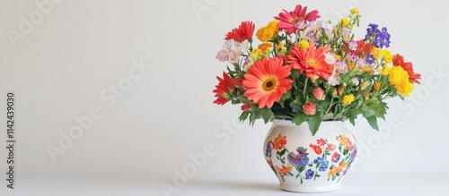 Vibrant ceramic pot with colorful flowers on white background perfect for home decor and floral arrangements