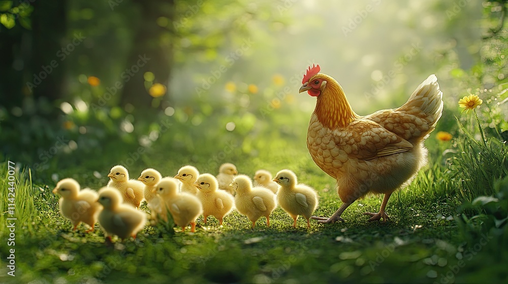 Fototapeta premium A Hen and Her Chicks in a Sunlit Meadow