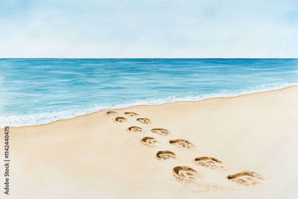 A soft watercolor painting of footprints on a sandy beach, with gentle brushstrokes blending hues of tan, blue, and white to create a tranquil scene A soft watercolor painting of footprints on a sandy beach, with gentle brushstrokes blending hues of tan, blue, and white to create a tranquil scene