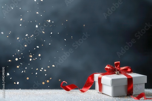 Gift box with red ribbon surrounded by glittering snowflakes photo