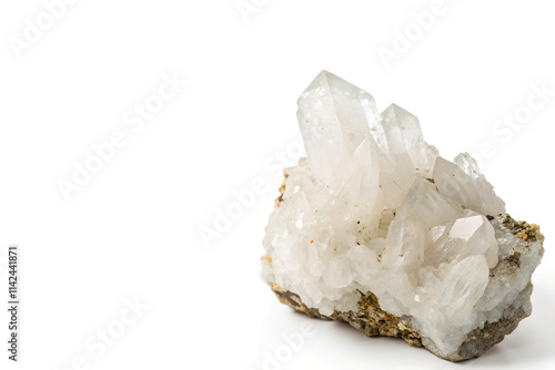 Quartz Crystals Cluster on Rock Matrix Positioned Right Side on White Background with Copy Space photo