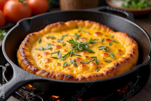 Delicious homemade cornbread in a cast iron skillet with fresh rosemary,provoleta photo