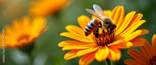 A busy bee diligently collects nectar from a vibrant, sunlit orange flower. Nature's beauty unfolds in this breathtaking close-up. photo