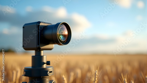 Golden hour captures a camera poised in a vast wheat field, ready to seize the breathtaking sunset. photo