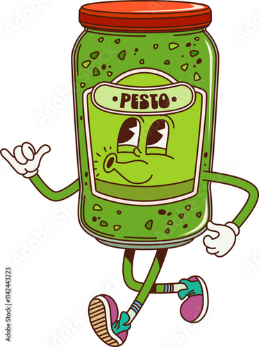 Cartoon groovy pesto sauce character with funny face, vector comic emoji. Groovy pesto sauce jar in retro cartoon character with happy smile, whistling and walking in hipster shoes for Italian cuisine