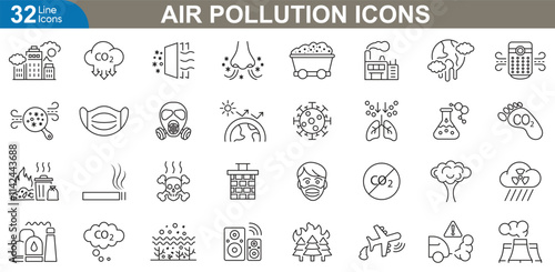 Air pollution outline icons set. Air quality, smog, factory pollution, vehicle exhaust, global warming, dust particles, acid rain, smoke clouds and more. vector illustration.