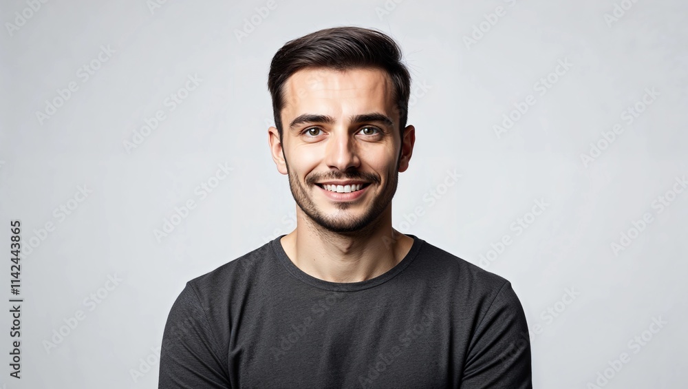 Obraz premium Portrait of positive Europen man pictured isolated on gray background