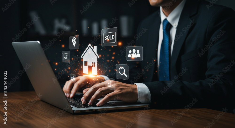 Fototapeta premium Real Estate Business Concept: Professional Using Laptop With Digital Home, Dollar, and Sold Icons