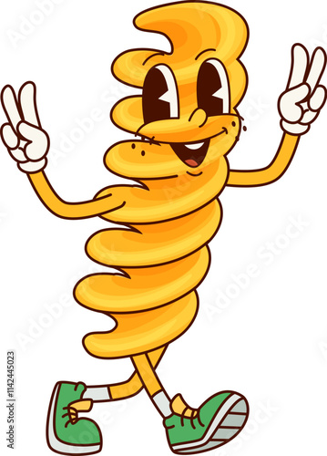 Italian pasta Fusilli groovy cute character. Italian restaurant raw gourmet groovy personage, Fusilli tasty pasta or Italy cuisine menu wheat meal vintage isolated vector funny character or mascot
