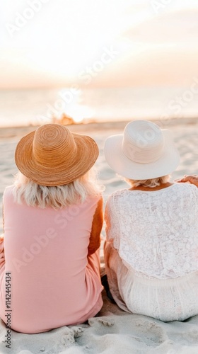 Two women enjoying a sunset on the beach, wearing stylish hats