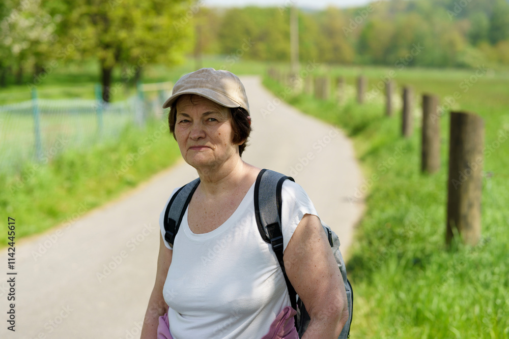 Mature woman with a backpack on a country road in springtime Mature woman with a backpack on a country road in springtime