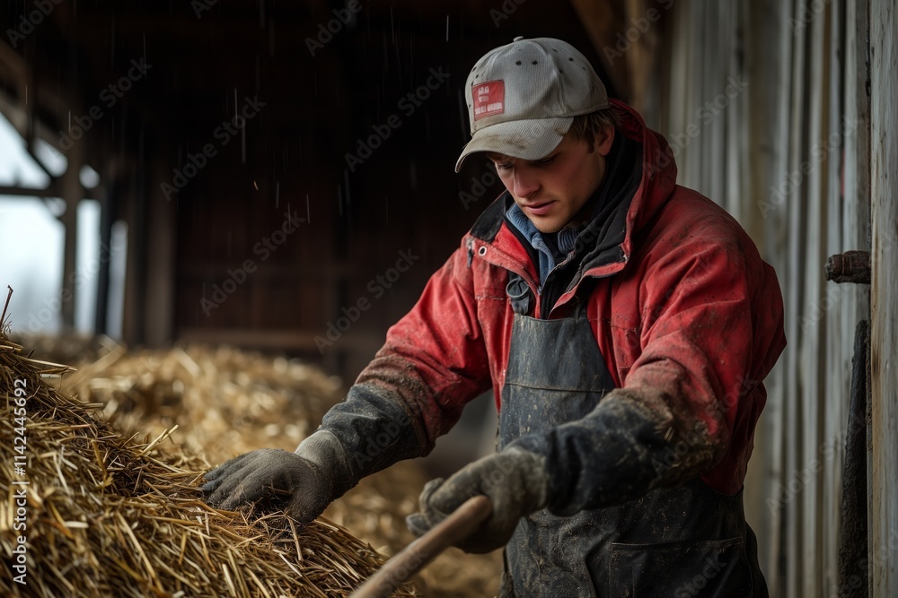 A farmer in red gear works with hay in a rain-soaked barn, showcasing determination. A farmer in red gear works with hay in a rain-soaked barn, showcasing determination.