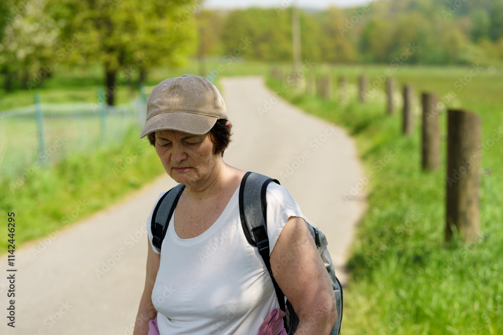 Senior woman walking on a country road in springtime, wearing a cap Senior woman walking on a country road in springtime, wearing a cap