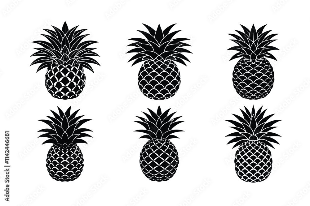 Obraz premium vector of Pineapple Plant (Ananas comosus) design, labeled vector art, linocut silhouette illustration.