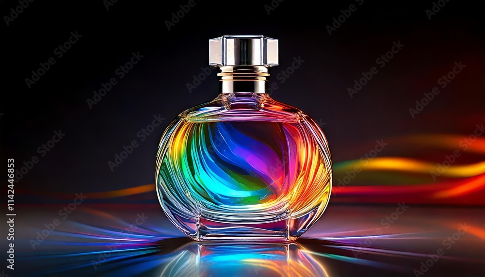 A beautifully colorful bottle of perfume is elegantly sitting on a table A beautifully colorful bottle of perfume is elegantly sitting on a table