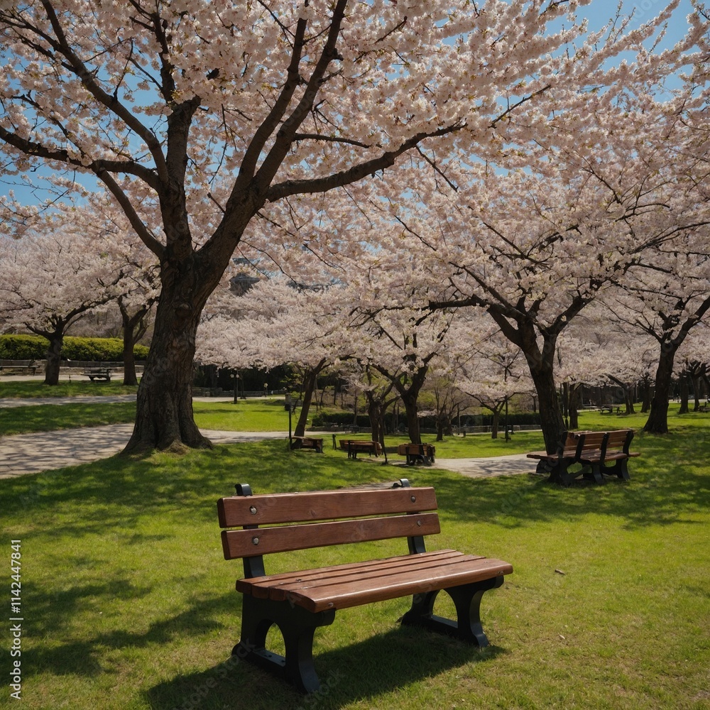 A quiet park with cherry blossoms in full bloom and a wooden bench. A quiet park with cherry blossoms in full bloom and a wooden bench.