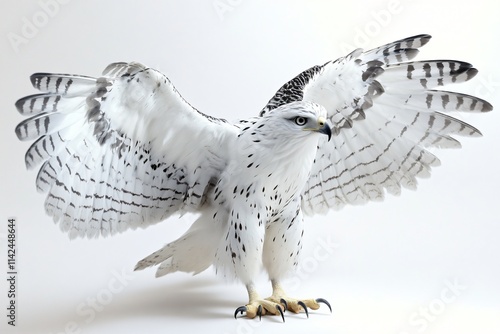 Realistic white and grey hawk with wings spread on white background photo