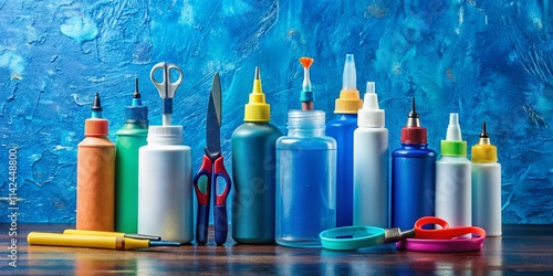 Blue Background Still Life: Glue, Markers, Scissors - Documentary Photography photo