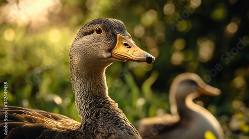 Duck is standing in the grass with its head up. The duck is looking at the camera photo