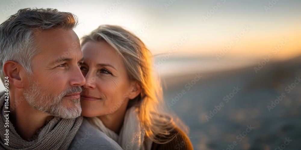 Middle aged couple together at the beach sunset. Middle aged couple together at the beach sunset.