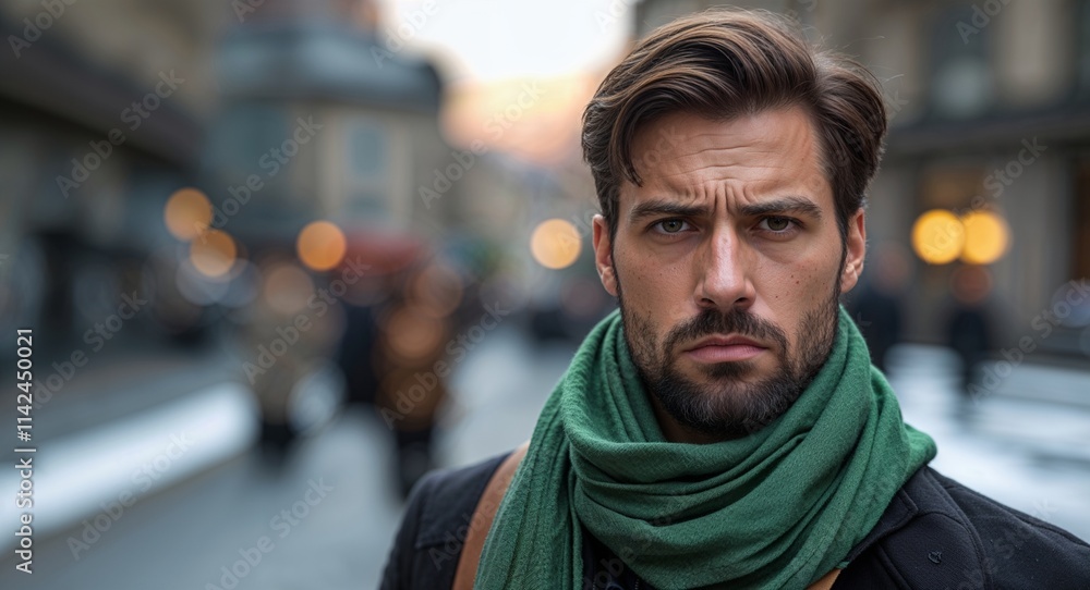 Caucasian man serious wearing green scarf looking on camera Caucasian man serious wearing green scarf looking on camera