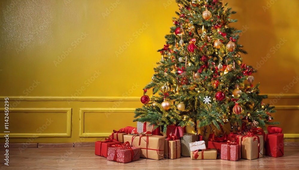 tree decorated for christmas, gifts in bright packages under the tree, against the background of a textured blue wall tree decorated for christmas, gifts in bright packages under the tree, against the background of a textured blue wall