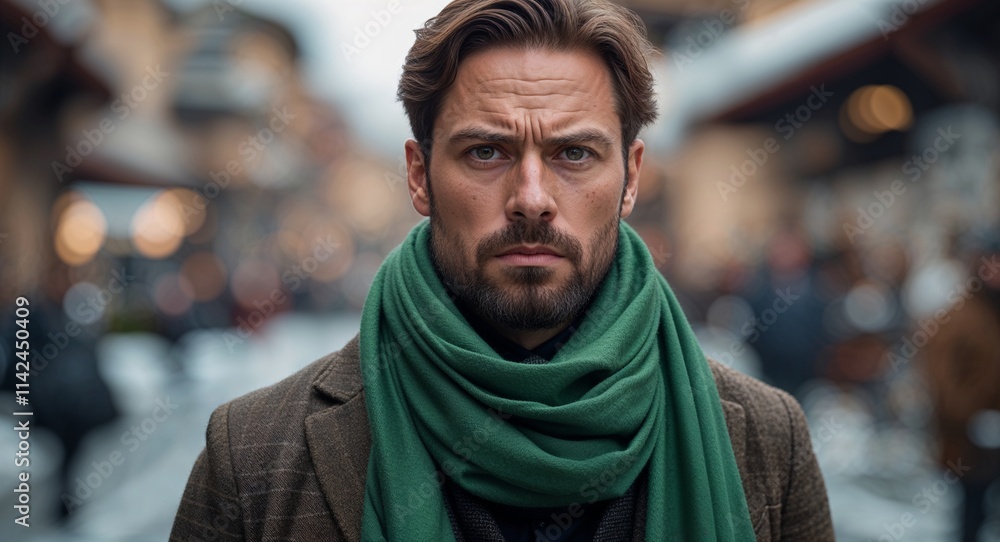 Fototapeta premium Caucasian man serious wearing green scarf looking on camera