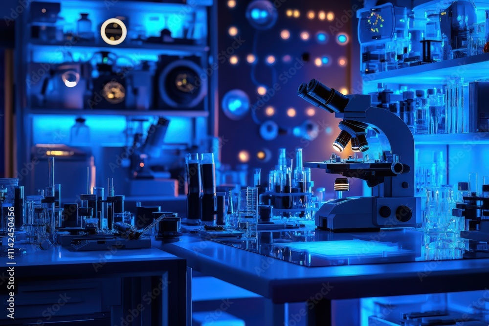 Laboratory experiment demonstration science lab research content blue lighting environment close-up viewpoint microscopy concept for innovation Laboratory experiment demonstration science lab research content blue lighting environment close-up viewpoint microscopy concept for innovation