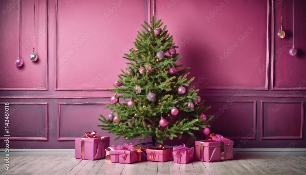 tree decorated for christmas, gifts in bright packages under the tree, against the background of a textured blue wall tree decorated for christmas, gifts in bright packages under the tree, against the background of a textured blue wall