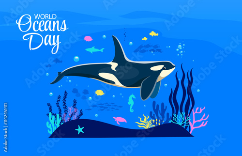 World ocean day banner with killer whale character at sea underwater landscape vector background. Cartoon funny orca or killer whale world ocean day card with fish, turtle and seahorse silhouettes